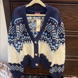 Francesca’s Blue and White Cardigan with Nordic Patterns
